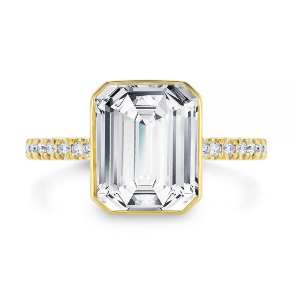 14k Yellow Gold Emerald Cut Diamond Bezel Engagement Ring With Diamond Accents - Top View -  107655 - Thumbnail