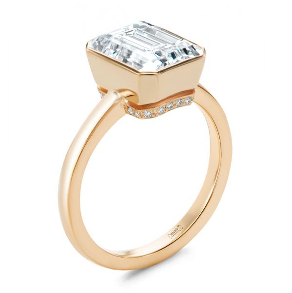 14k Rose Gold 14k Rose Gold Emerald Cut Diamond Bezel Engagement Ring With Hidden Halo - Three-Quarter View -  107656 - Thumbnail