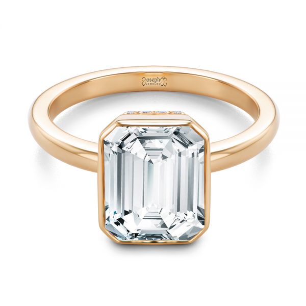 14k Rose Gold 14k Rose Gold Emerald Cut Diamond Bezel Engagement Ring With Hidden Halo - Flat View -  107656 - Thumbnail