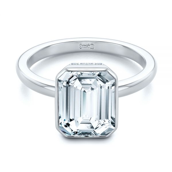 18k White Gold 18k White Gold Emerald Cut Diamond Bezel Engagement Ring With Hidden Halo - Flat View -  107656 - Thumbnail