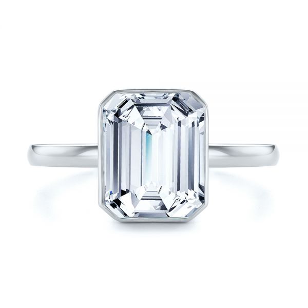 14k White Gold 14k White Gold Emerald Cut Diamond Bezel Engagement Ring With Hidden Halo - Top View -  107656 - Thumbnail