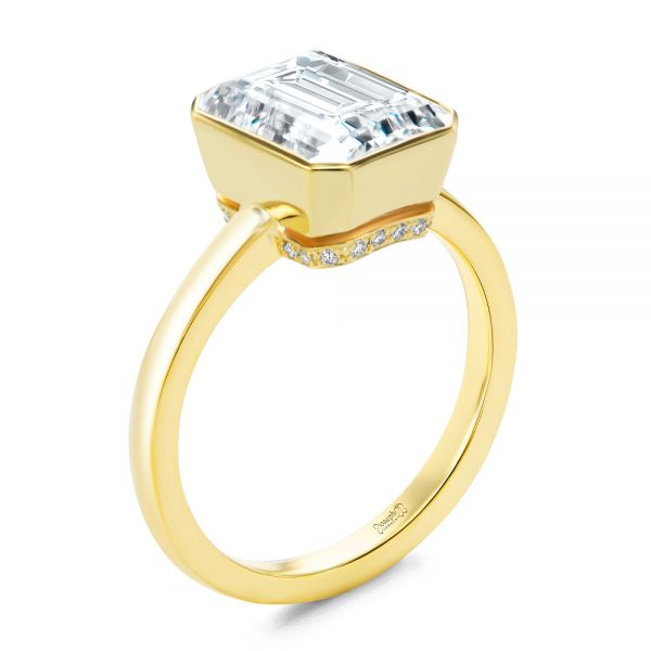 18k Yellow Gold 18k Yellow Gold Emerald Cut Diamond Bezel Engagement Ring With Hidden Halo - Three-Quarter View -  107656