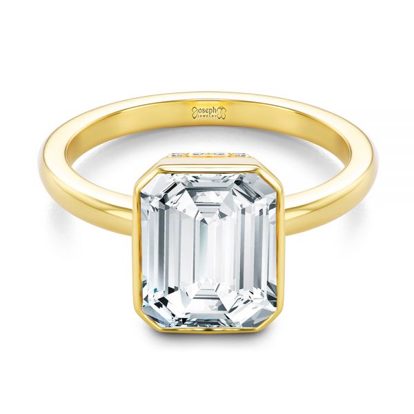 14k Yellow Gold Emerald Cut Diamond Bezel Engagement Ring With Hidden Halo - Flat View -  107656 - Thumbnail