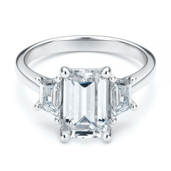  14K Gold Emerald Cut and Trapezoids Diamond Engagement Ring - Flat View -  107815