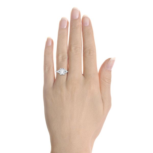  14K Gold Emerald Cut and Trapezoids Diamond Engagement Ring - Hand View -  107815