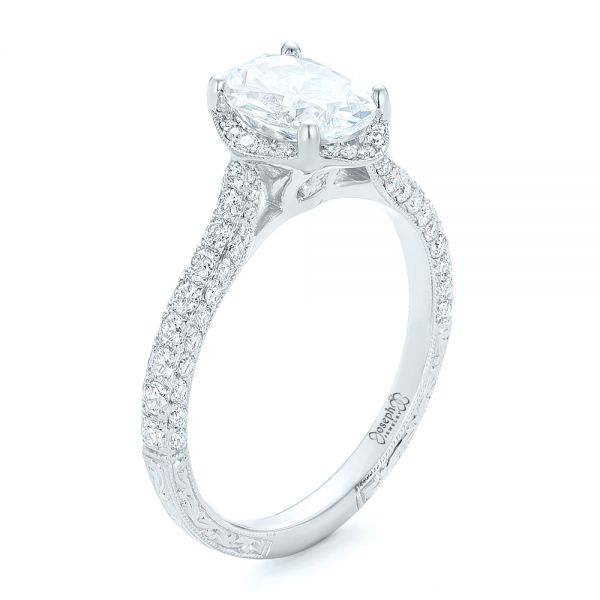 Oval Diamond Halo and Pave Hand Engraved Engagement Ring - Image