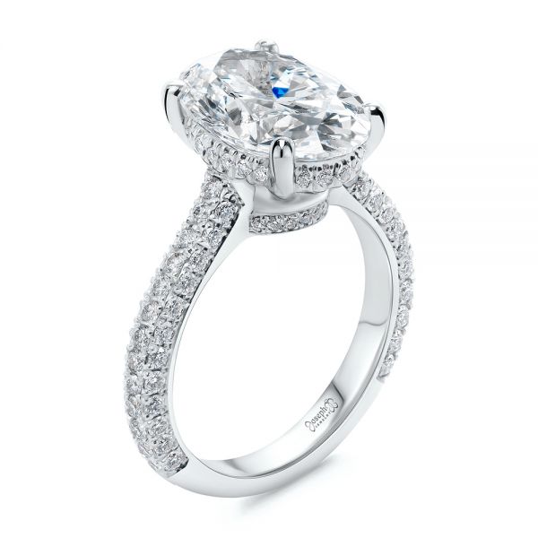 14k White Gold 14k White Gold Pave And Hidden Halo Oval Diamond Engagement Ring - Three-Quarter View -  107606