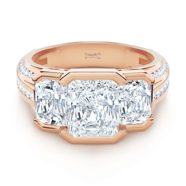 18k Rose Gold 18k Rose Gold Three-stone Radiant Channel Set Engagement Ring - Flat View -  107384