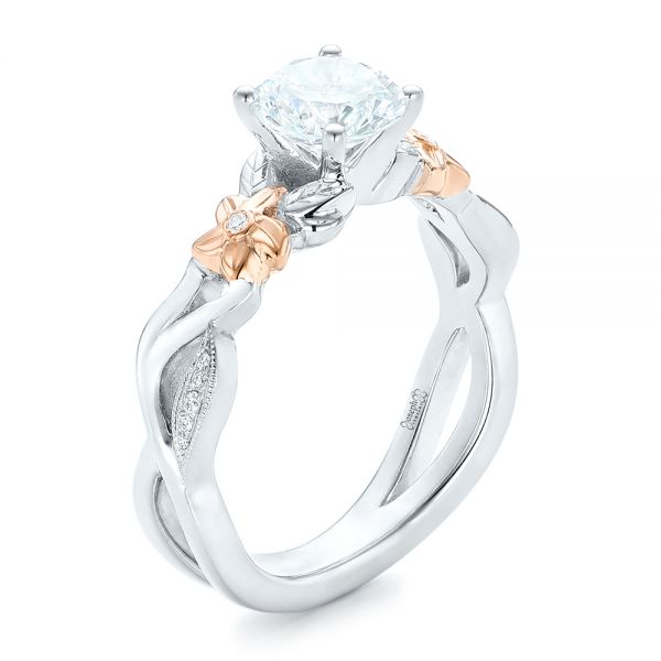  Platinum And 14K Gold Platinum And 14K Gold Two-tone Flower And Leaf Diamond Engagement Ring - Three-Quarter View -  102554