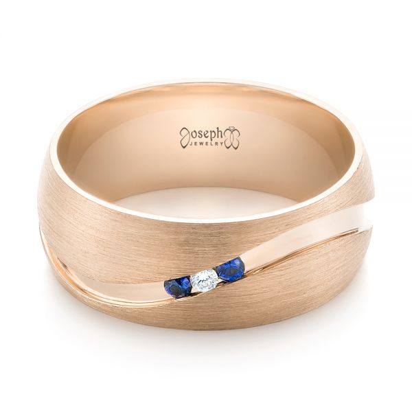 14k Rose Gold 14k Rose Gold Custom Brushed Finish Blue Sapphire And Diamond Men's Band - Flat View -  103653