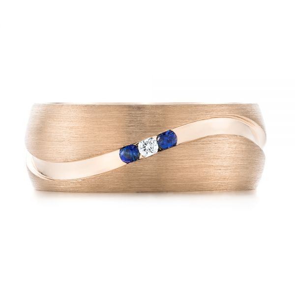 14k Rose Gold 14k Rose Gold Custom Brushed Finish Blue Sapphire And Diamond Men's Band - Top View -  103653