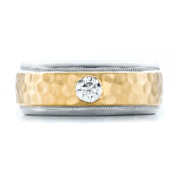  Platinum And 18k Yellow Gold Custom Two-tone Hammered Finish And Diamond Men's Band - Top View -  100864