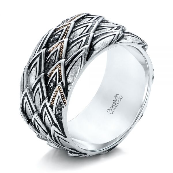 14k White Gold Men's Custom Dragon Scale Wedding Ring - Three-Quarter View -  103652