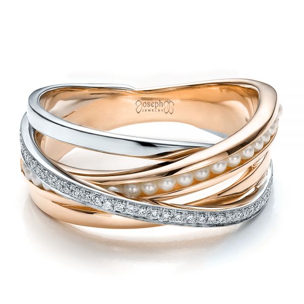 18k Rose Gold And 18K Gold 18k Rose Gold And 18K Gold Custom Women's Pearl And Diamond Wedding Band - Flat View -  100011