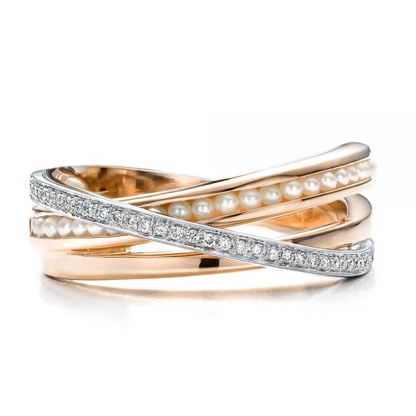 18k Rose Gold And 18K Gold 18k Rose Gold And 18K Gold Custom Women's Pearl And Diamond Wedding Band - Top View -  100011