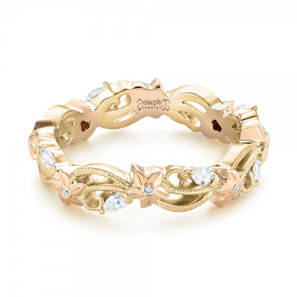 18k Rose Gold Eternity Wedding Band Filigree Leaf Diamond Rings