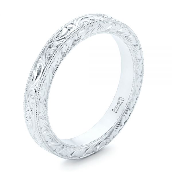 14k White Gold Hand Engraved Wedding Band - Three-Quarter View -  102436