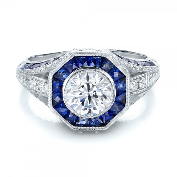 Art Deco Style Blue Sapphire Halo and Diamond Engagement 100386 