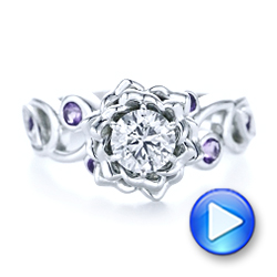 14k White Gold Custom Organic Flower Halo And Amethyst Engagement Ring - Video -  102279 - Thumbnail